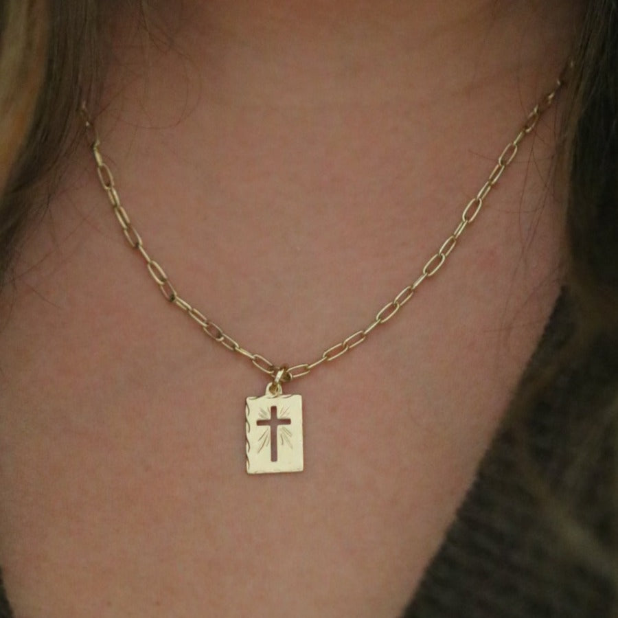 Gold Cross Tag Necklace