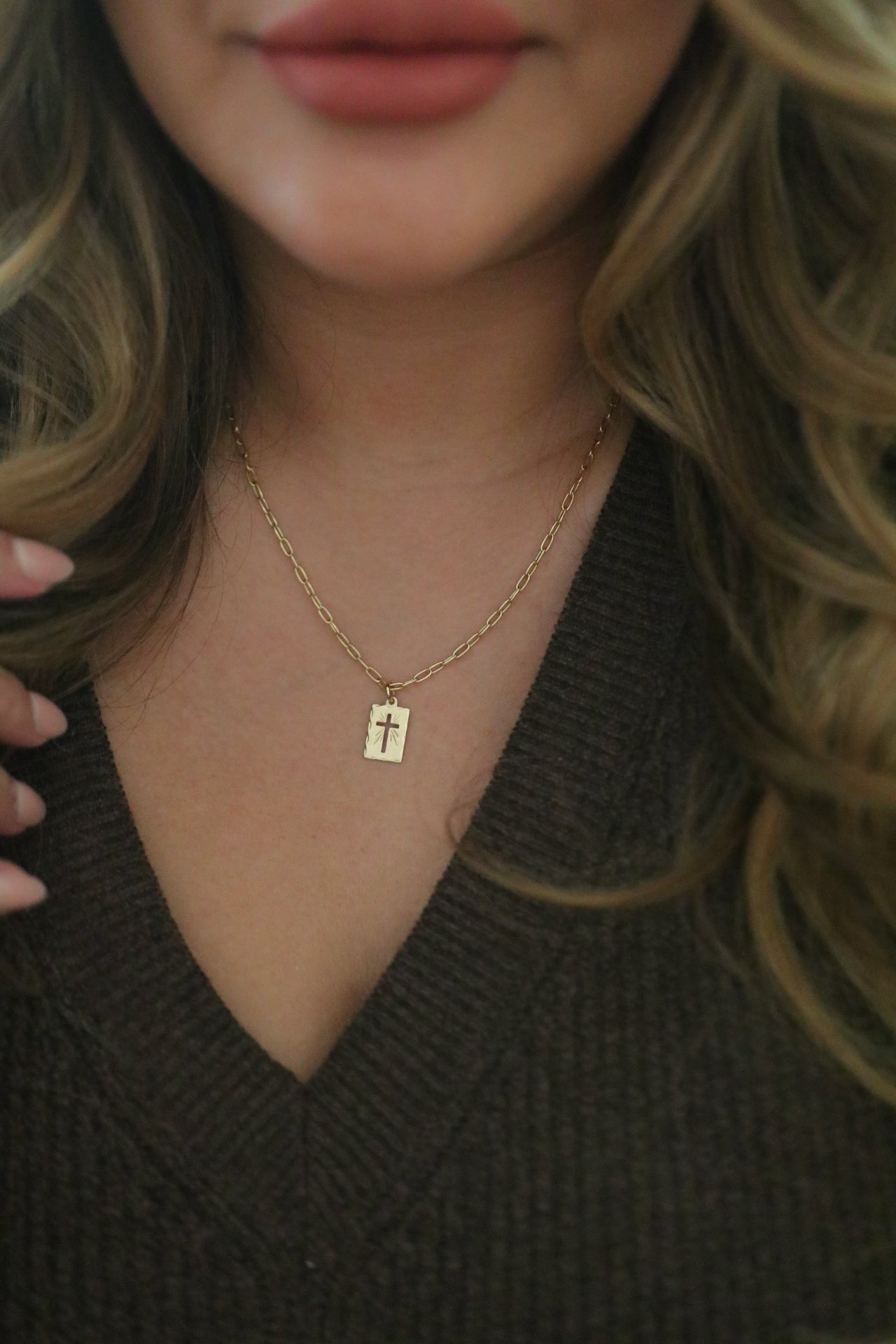 Gold Cross Tag Necklace